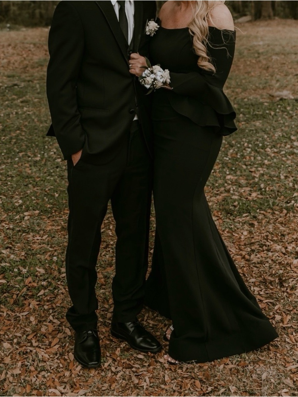 Jovani 07065 Elegant Off-Shoulder Black Mermaid Gown with Ruffled Bell Sleeves - Picture 3 of 6